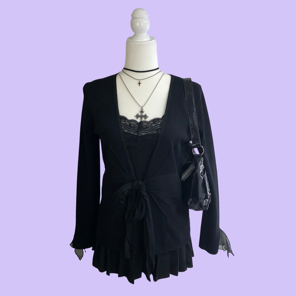 Vintage Y2K Willi Smith Black Tie Front Cardigan Womens M Silk Trim Whimsigoth